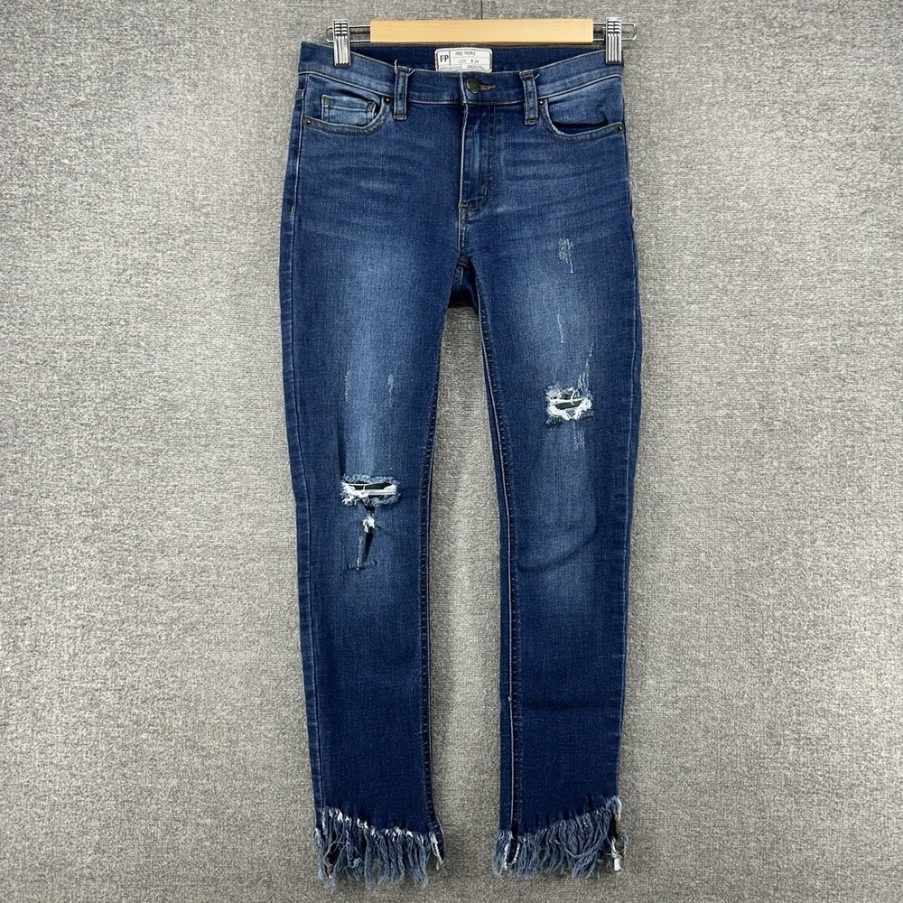 Free People Skinny Jeans Women Size 24 Blue denim Distressed Raw Hem Low Rise